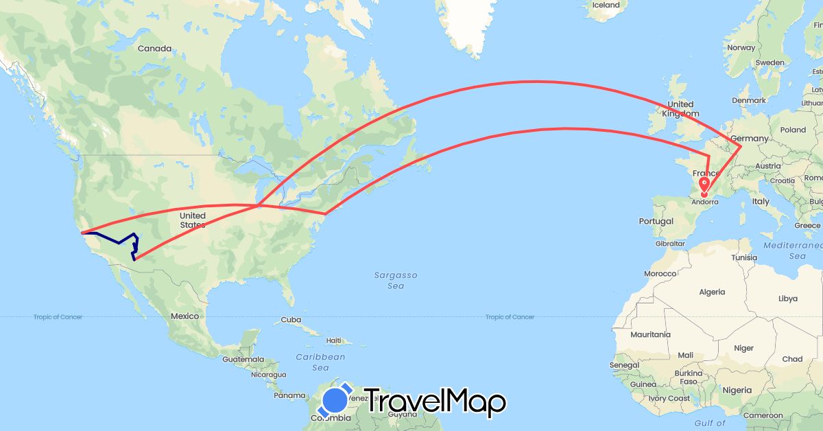 TravelMap itinerary: driving, hiking in France, United States (Europe, North America)